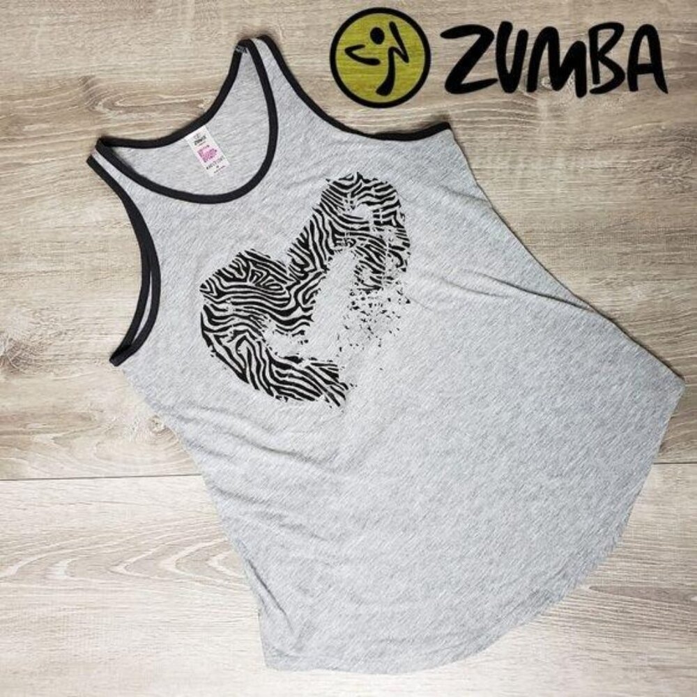 Zumba Heart Zebra Print Gray Tank Top Size Medium Womens workout gym racer back